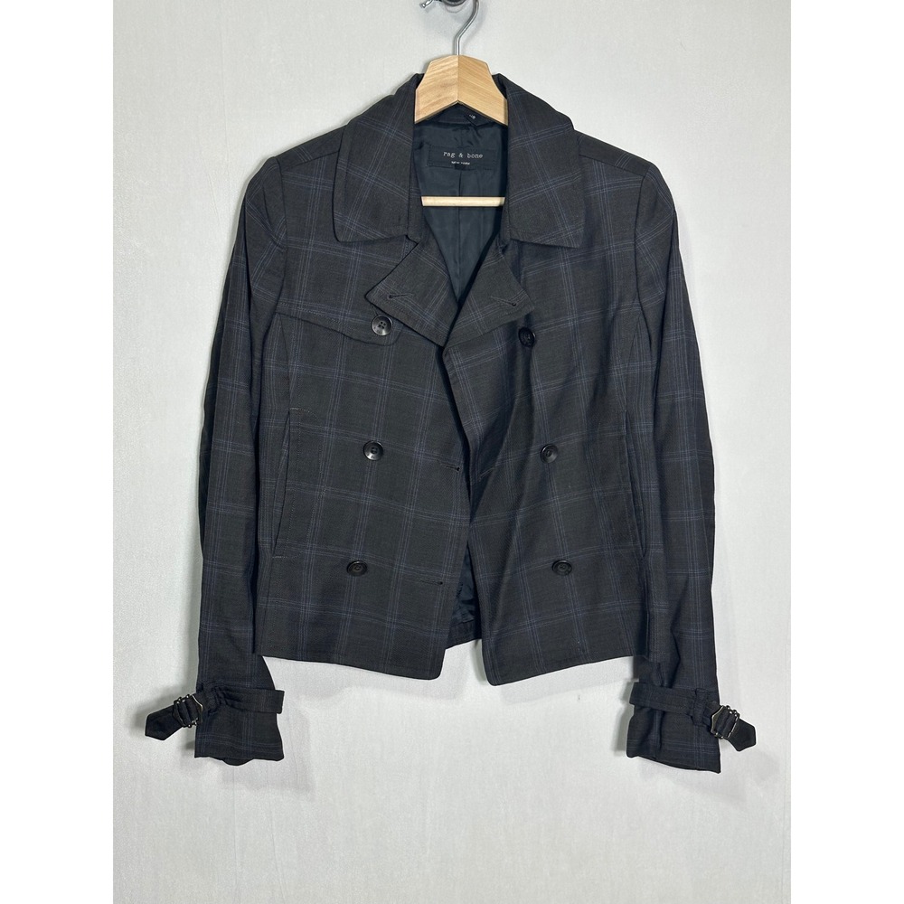 Rag & Bone Womens Plaid Wool Double Breasted Jacket Grey Blue‎ Size 4